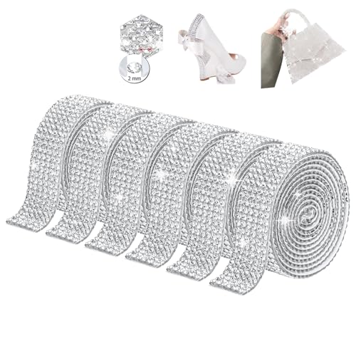 Selbstklebend Glitzersteine Bänder, Qianyou 6 Rollen Strasssteine Aufkleber, Diamant Rollenband, Nähbar Edelstein Streifen, Glitzerkleber Kristall Strass für DIY-Dekoration Handwerk(Silber Weiss) von Qianyou