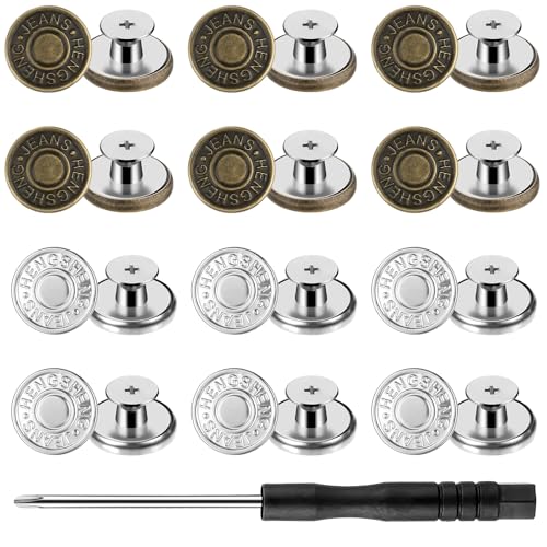 Qianyu 12 Stück Hosen Ersatz Knöpfe Button Pins 17mm Ohne Nähen Verstellbare Messing Jeansknöpfe Stecken mit Schraubendreher DIY Metall Hosenknopf für Reparatur von Jeans (Bronze+Silber) von Qianyu