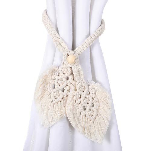 Qianyu 2 Stück Boho Gardinenhalter, Vorhanghalter Baumwolle Vorhang Raffhalter Handgefertigt Seilvorhang-Raffhalter Zwei Blätter Blätter Vorhang Seil für Schlafzimmer Wohnzimmer Büro von Qianyu
