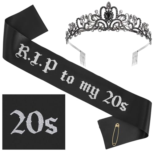 Qianyu RIP to My 20s Birthday Schärpe Geburtstagskrone für Mädchen Frauen Männer 30. Geburtstag Geschenke Dekor Schwarz und Weiß Schärpe Beerdigung für Jugend Mädchen Party Deko von Qianyu
