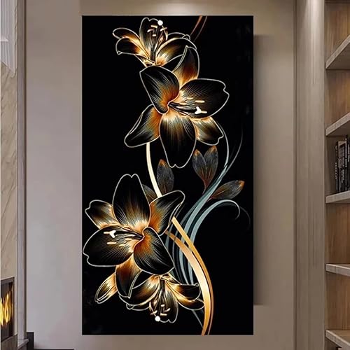 Diamond Painting Erwachsene Kinder Craft Malen Nach Zahlen 5D Ro Drill Strass Stickerei Kreuzstich Kits Basteln stitch Gold schwarze Lilien Blumen Diamant Malerei Arts Home Wand Decor 50x100cm von Qiaoqoo