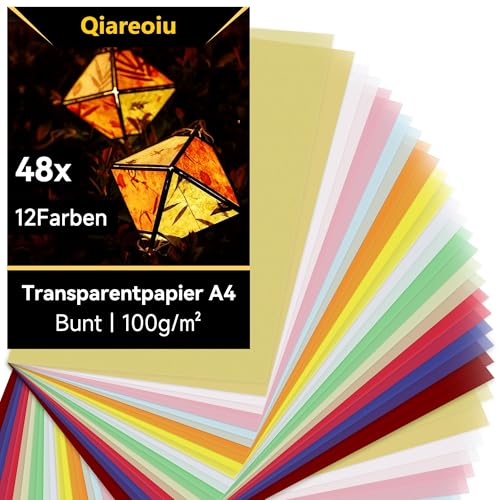 Qiareoiu 48 Blatt Transparentpapier Bunt, Transparentpapier a4, Pergamentpapier zum Bedrucken, Transparentpapier 12 Farben inkl. Gold & Silber, Pergamentpapier zum Basteln von Laternen von Qiareoiu