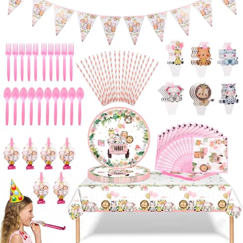111 Stück Dschungel Safari Partygeschirr Set, Wild One Geburtstag Deko, Safari Partyteller Geburtstag Geschirr Wiederverwendbar, Dschungel Deko Kindergeburtstag Geschirr Set von Qichan