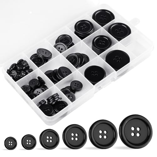 120 Stück Knöpfe Schwarz, 4 Loch Harz Knopf mit 6 Größen, 10/12.5/15/20/25/30mm Rund Knöpfe zum Annähen mit Aufbewahrungsbox, Buttons Gemischte für Kleider Mantel Hemd Kleidung Nähen Handwerk von Qichan