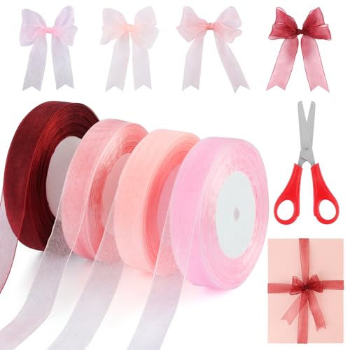4 Bände Organzaband, 45m x 2cm Geschenkband Breit mit 1 Schere, Transparentes Organza Bänder, Schleifenband für Handgemachtes Heimwerken, Geschenkverpackung, Hochzeitsdekoration von Qichan