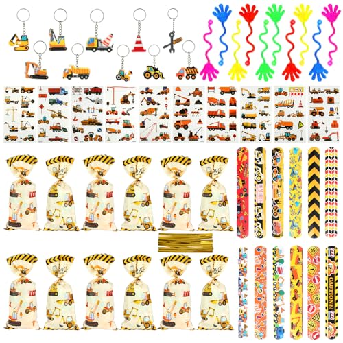 54 Stück Baustelle Mitgebsel Kindergeburtstag, Construction Party Kindergeburtstag Mitgebsel mit Schnapparmband, Schlüsselanhänger, Geschenktüten, Tattoos Aufkleber, Klebrige Hände für Gastgeschenke von Qichan