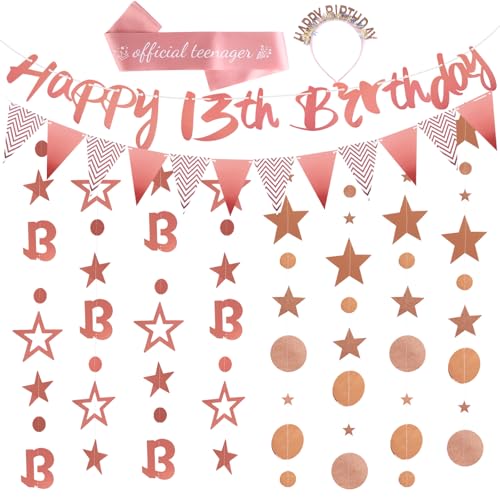 6 Stück 13 Geburtstag Dekorationen Rose Gold Happy Birthday Banner Dekor Set mit Banner, Offizielle Teenager Schärpe, Stirnband, Glitzer Girlande, Teenager Geburtstag Dekorationen für Mädchen 6 Stück 13 Geburtstag Dekorationen Rose Gold Happy Birthday Banner Dekor Set mit Banner, Offizielle Teenager Schärpe, Stirnband, Glitzer Girlande, Teenager Geburtstag Dekorationen für Mädchen von Qichan