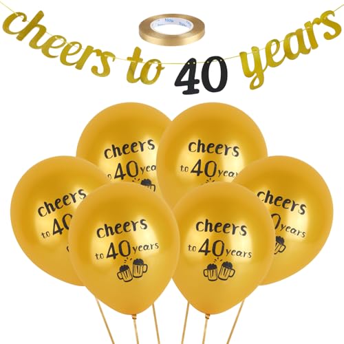 Girlande 40 Geburtstag Deko, Deko 40 Geburtstag Girlande Banner Schwarz Gold mit 10m Seidenband und 6 Goldene Luftballons, Cheers To 40 Years Girlande Geburtstagsdeko für Männer Frauen von Qichan