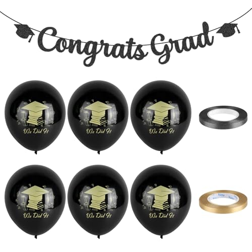 Graduation Deko Girlande, “Congrats Grad” Girlande Abschluss Deko Banner Papier mit 6 Luftballons und Schleifenbänder, Abschlussfeier Deko für Oberstufenschüler, Bachelor und Master von Qichan