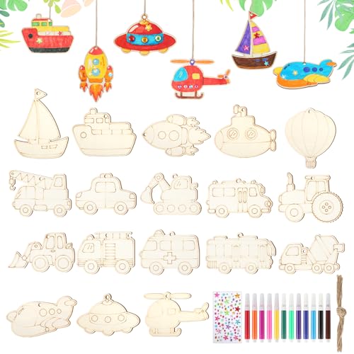 Qichan 32 Stück Fahrzeug Holzbastelsets Kinder, Auto Holz Bastelset mit 12 Aquarellstifte, Strasssteine Selbstklebend und Juteseil, Auto Holz Bastelset, Kindergeburtstag Basteln für Kinder von Qichan