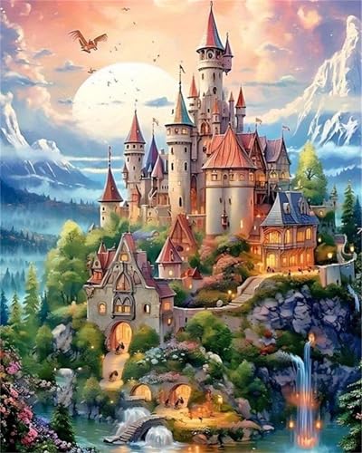 Qihensail Malen nach Zahlen für Erwachsene, Malen nach Zahlen auf Leinwand, einfaches DIY fröhliches Malen für Anfänger, Geschenke, Wanddekoration, Entspannung (Schloss) von Qihensail