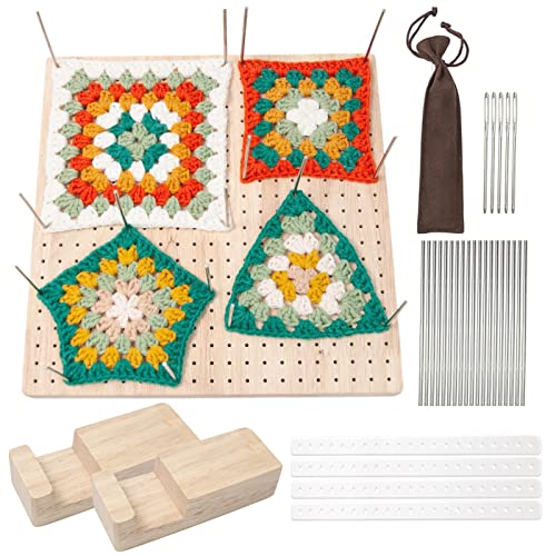 Locking Board for Granny Square, Locking Board Crochet Wood and Crochet Projects, Crochet Blocking Boards for Knitting, Blocking Board with Grandma Square, with 20 Stainless Steel Bar Pins and 5 Nee von Qihuyi