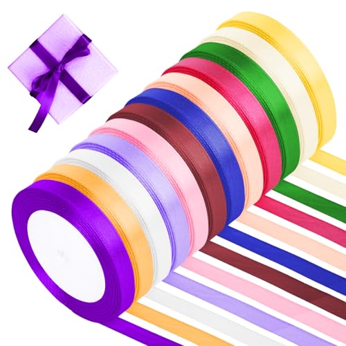 12 Farben Geschenkband, Satinband, Schleifenband Set, Eignet Sich für Handarbeiten, Hochzeitsdekorationen und die Verpackung von Edlen Geschenken（10mm*22m） von Qiimenguer