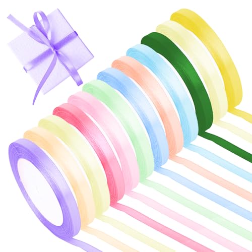 12 Farben Geschenkband, Satinband, Schleifenband Set, Eignet Sich für Handarbeiten, Hochzeitsdekorationen und die Verpackung von Edlen Geschenken（6mm*22m） von Qiimenguer