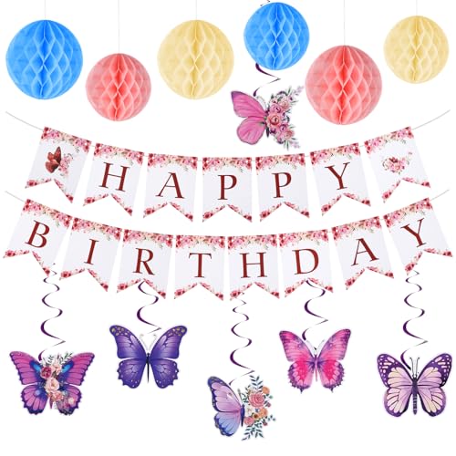 Geburtstagsdeko Mädchen Set mit Bunten Schmetterling Deko und Wabenbällen, Geburtstagsbanner, Wiederverwendbare Schmetterlings-Hängebänder, Girlande Geburtstag, für Damen und Mädchengeburtstagsparty von Qiimenguer