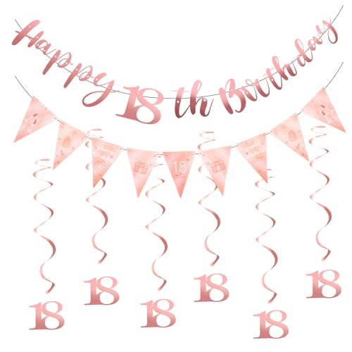 Happy Birthday Girlande,18. Geburtstag Mädchen Deko Party, for Adults and Children Birthday Party Decoration,Banner mit Monogramm, Dreieckige Banner und 6 Hanging Swirls (Rose Gold) von Qiimenguer