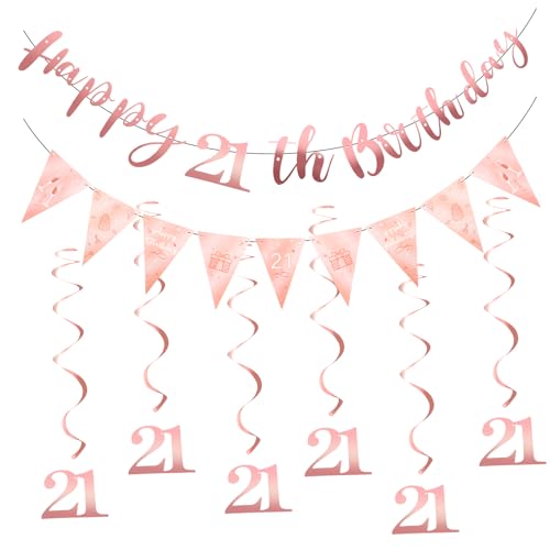Happy Birthday Girlande,21. Geburtstag Mädchen Deko Party, for Adults and Children Birthday Party Decoration,Banner mit Monogramm, Dreieckige Banner und 6 Hanging Swirls (Rose Gold) von Qiimenguer