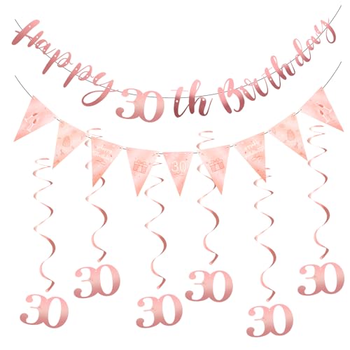 Happy Birthday Girlande,30. Geburtstag Mädchen Deko Party, for Adults and Children Birthday Party Decoration,Banner mit Monogramm, Dreieckige Banner und 6 Hanging Swirls (Rose Gold) von Qiimenguer