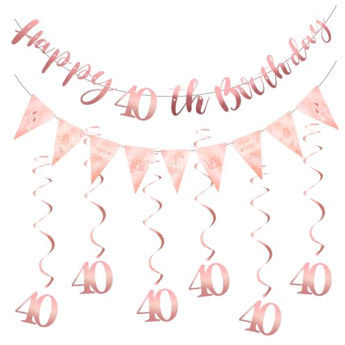 Happy Birthday Girlande,40. Geburtstag Mädchen Deko Party, for Adults and Children Birthday Party Decoration,Banner mit Monogramm, Dreieckige Banner und 6 Hanging Swirls (Rose Gold) von Qiimenguer