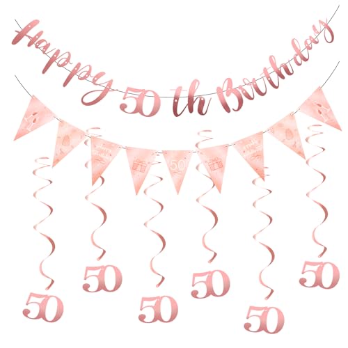 Happy Birthday Girlande,50. Geburtstag Mädchen Deko Party, for Adults and Children Birthday Party Decoration,Banner mit Monogramm, Dreieckige Banner und 6 Hanging Swirls (Rose Gold) von Qiimenguer