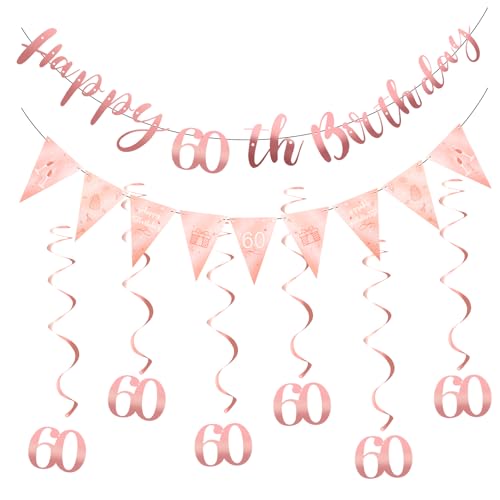 Happy Birthday Girlande,60. Geburtstag Mädchen Deko Party, for Adults and Children Birthday Party Decoration,Banner mit Monogramm, Dreieckige Banner und 6 Hanging Swirls (Rose Gold) von Qiimenguer