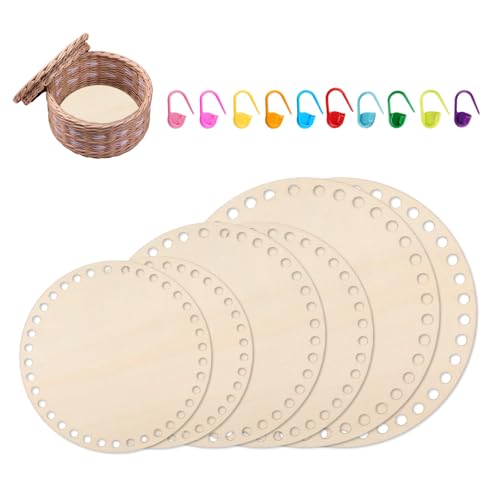 Qiimenguer 6 Stück Korbboden zum Häkeln mit 10 Markern Solide und Langlebig，Holzboden für Häkelkorb, Kann für das Stricken Handtasche Böden, Lagerung Körbe Verwendet Werden(Rund) von Qiimenguer
