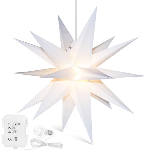 Qijieda 3D Weihnachtsstern Beleuchtet Außen Batterie mit Timer - 58cm led Weihnachtsstern für Fenster, Adventsstern Stern Zum Dekorieren von Innenhof, Balkon Und Garten (58cm, Weiß) von Qijieda