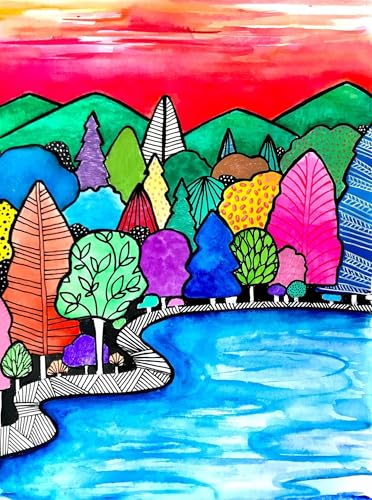 Malen Nach Zahlen Bunter Waldsee,mit Pinseln und Acrylfarben Handgemalt Ölgemälde Leinwand malen nach zahlen Erwachsene mit Rahmen DIY Paint by Numbers für Home Decor 55x70 cm von Qijinn