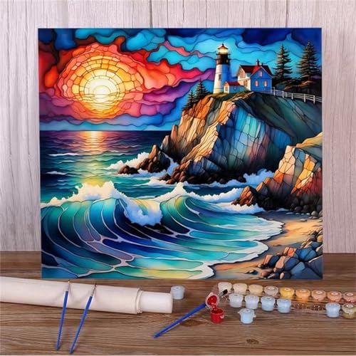Malen Nach Zahlen Erwachsene,DIY Sonnenuntergang am Meer Leuchtturm Ölgemälde-Kits auf Leinwand mit Pinseln und Acrylpigment,Handgemalt Paint by numbers für Wohnzimmer,Büro Dekor,mit Rahmen 40x40cm Malen Nach Zahlen Erwachsene,DIY Sonnenuntergang am Meer Leuchtturm Ölgemälde-Kits auf Leinwand mit Pinseln und Acrylpigment,Handgemalt Paint by numbers für Wohnzimmer,Büro Dekor,mit Rahmen 40x40cm von Qijinn