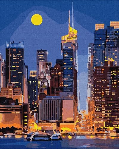 Malen Nach Zahlen Manhattan-Straße,mit Pinseln und Acrylfarben Handgemalt Ölgemälde Leinwand malen nach zahlen Erwachsene mit Rahmen DIY Paint by Numbers für Home Decor 55x70 cm von Qijinn