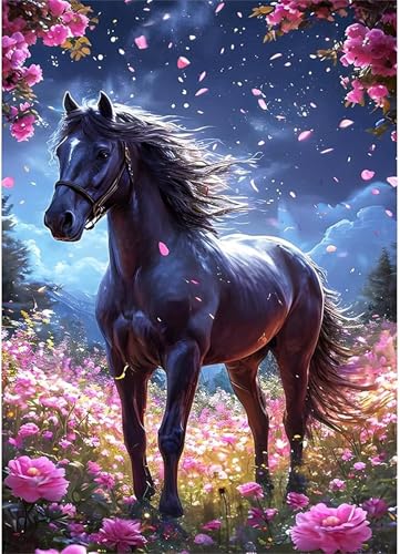 Qijinn Diamond Painting Kits,5D Blumenfeld Pferd Diamant Painting Bilder für Erwachsene,DIY Round Vollbohrer Diamant Malerei Stickerei Kreuzstich Set Home Wand Dekor Geschenke 90x110 cm von Qijinn