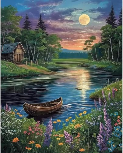 Qijinn Diamond Painting Kits,5D Flussuferboot Diamant Painting Bilder für Erwachsene,DIY Square Vollbohrer Diamant Malerei Stickerei Kreuzstich Set Home Wand Dekor Geschenke 90x110 cm von Qijinn