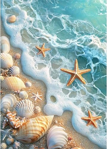 Qijinn Diamond Painting Kits,5D Shell Beach Diamant Painting Bilder für Erwachsene,DIY Round Vollbohrer Diamant Malerei Stickerei Kreuzstich Set Home Wand Dekor Geschenke 80x100 cm von Qijinn