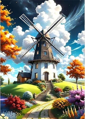 Qijinn Diamond Painting Kits,5D Windmühlenwolke Diamant Painting Bilder für Erwachsene,DIY Square Vollbohrer Diamant Malerei Stickerei Kreuzstich Set Home Wand Dekor Geschenke 100x130 cm von Qijinn