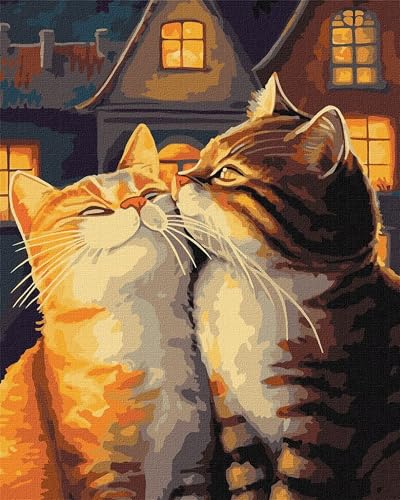 Qijinn Malen Nach Zahlen Erwachsene Paar Katzen DIY Handgemalt Ölgemälde Kit für Anfänger,mit Pinseln und Acrylfarbe Paint by Number kit für Home Deko Geschenk 40x50 cm(mit Rahmen) von Qijinn