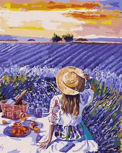 Qijinn Malen Nach Zahlen Erwachsene Picknick im Lavendelfeld DIY Handgemalt Ölgemälde Kit für Anfänger,mit Pinseln und Acrylfarbe Paint by Number kit für Home Deko Geschenk 30x40 cm(mit Rahmen) von Qijinn