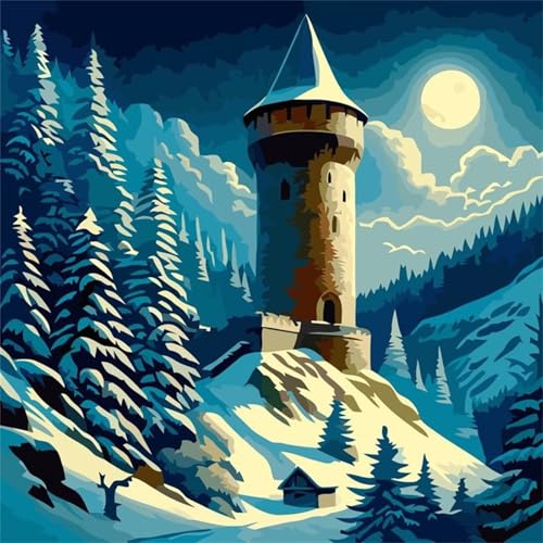 Qijinn Woods Tower Landschaft Malen Nach Zahlen Erwachsene,DIY Ohne Rahmen Handgemalt Ölgemälde Kits für Anfänger,Acryl Malen nach Zahlen Kits auf Leinwand mit Pinseln für Heimdekoration 45x45cm von Qijinn