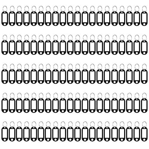 100 Stück Schlüsselanhänger beschriftbar mit Etiketten, Schlüssel Anhänger und Schlüsselschilder mit Ring auch für Haustiere, Gepäckstücke (Schwarz) von Qikaara