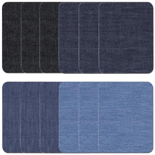 12 Stück Flicken zum Aufbügeln, Bügelflicken für Innen-Außen, Denim Flicken, Reparaturflicken, Reparatur-Dekorationsset für Jeans und Kleidung, 9.5 * 12.5 cm, Iron-on Repair Patches (Denim 4 Farben) von Qikaara