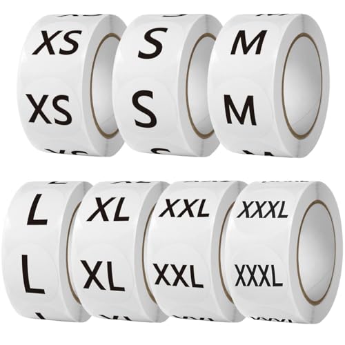 3500 Stück Kleidungsgrößen Aufkleber Etiketten, 2.5 cm Selbstklebend Klebeetiketten Aufkleber für Kleidung Größe, Runde Größenetiketten Größenaufkleber Size Stickers (25 mm, XS S M L XL XXL XXXL) von Qikaara