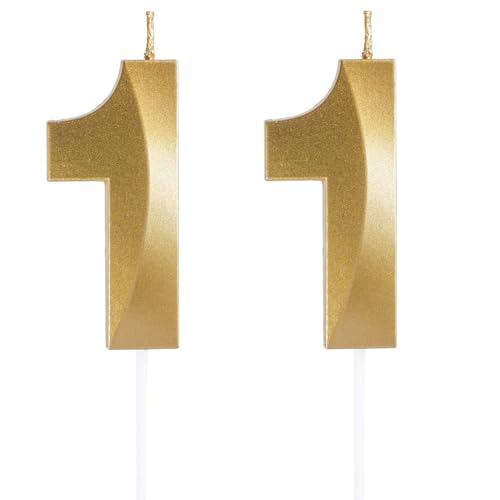 Geburtstagskerzen Zahlen 11, Gold Geburtstag Kerzen, 3D Tortendeko,Geburtstagskerze Kuchendeko für Geburtstag Party, Hochzeiten, Firmenfeiern, Jubiläen kuchen Dekoration, Birthday Candle Nummer 11 von Qikaara