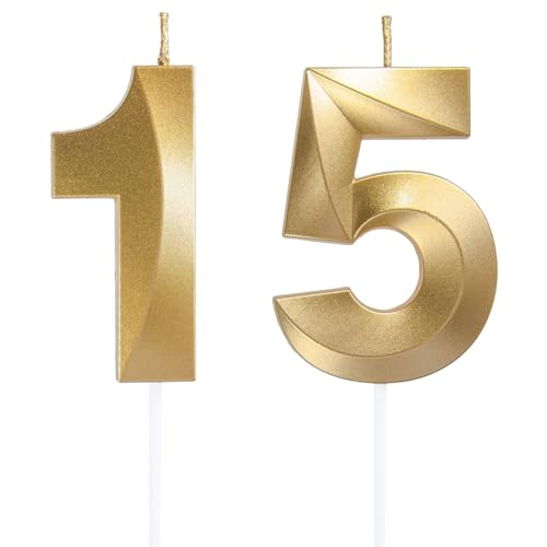 Geburtstagskerzen Zahlen 15/51, Gold Geburtstag Kerzen, Zahlenförmige Kerze, 3D Tortendeko, kuchen Dekoration für Geburtstag Party, Hochzeiten, Firmenfeiern, Jubiläen, Birthday Candle Nummer 15/51 von Qikaara