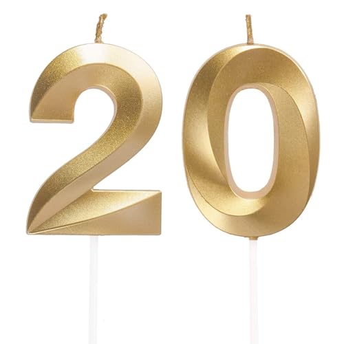 Geburtstagskerzen Zahlen 20, Gold Geburtstag Kerzen, 3D Tortendeko, Geburtstagskerze Kuchendeko für Geburtstag Party, Hochzeiten, Firmenfeiern, Jubiläen kuchen Dekoration, Birthday Candle Nummer 20 von Qikaara