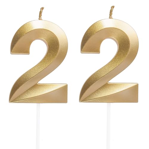 Geburtstagskerzen Zahlen 22, Gold Geburtstag Kerzen, 3D Tortendeko, Geburtstagskerze Kuchendeko für Geburtstag Party, Hochzeiten, Firmenfeiern, Jubiläen kuchen Dekoration, Birthday Candle Nummer 22 von Qikaara