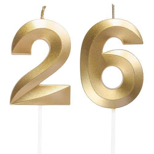 Geburtstagskerzen Zahlen 26/62, Gold Geburtstag Kerzen, Zahlenförmige Kerze, 3D Tortendeko, kuchen Dekoration für Geburtstag Party, Hochzeiten, Firmenfeiern, Jubiläen, Birthday Candle Nummer 26/62 von Qikaara