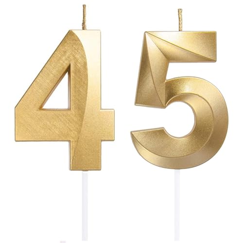 Geburtstagskerzen Zahlen 45/54, Gold Geburtstag Kerzen, Zahlenförmige Kerze, 3D Tortendeko, kuchen Dekoration für Geburtstag Party, Hochzeiten, Firmenfeiern, Jubiläen, Birthday Candle Nummer 45/54 von Qikaara