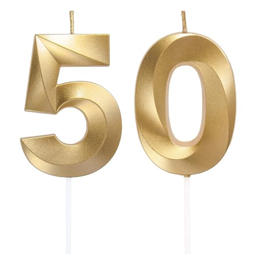 Geburtstagskerzen Zahlen 50, Gold Geburtstag Kerzen, 3D Tortendeko, Geburtstagskerze Kuchendeko für Geburtstag Party, Hochzeiten, Firmenfeiern, Jubiläen kuchen Dekoration, Birthday Candle Nummer 50 von Qikaara