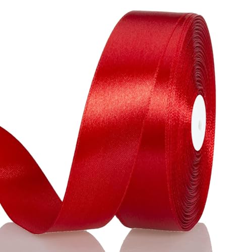 Satinband Rot 25 mm Breit Schleifenband, 91 Meters Geschenkband Stoffband Satin Dekoband Seidenband zum Basteln, Geschenkverpackung, Kunsthandwerk, Geburtstag Hochzeit Taufe Weihnachten Dekoration von Qikaara