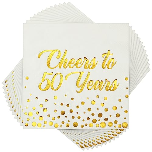 Qilery Cocktail-Servietten mit Aufschrift "Cheers to 50 Years" zum 50. Geburtstag, Dekoration, Weißgoldfolie, gefaltet, 16.5x16.5 cm, 3-lagig, Einweg-Servietten für Geburtstag, Party, 100 Stück von Qilery