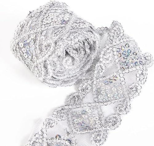 Qililandiy 10 Yards Spitze Borten mit Pailletten Einfassborte Borte Band Applikation 9m x 5cm für Kleidung Gardine Vorhang Tischläufer DIY Deko Silber von Qililandiy